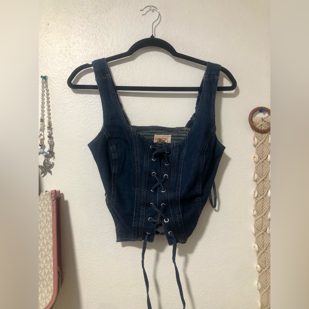 Dark Blue Denim Lace-Up Corset Camisole